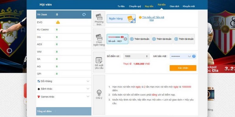 Điền thông tin chi tiết vào mẫu để rút tiền